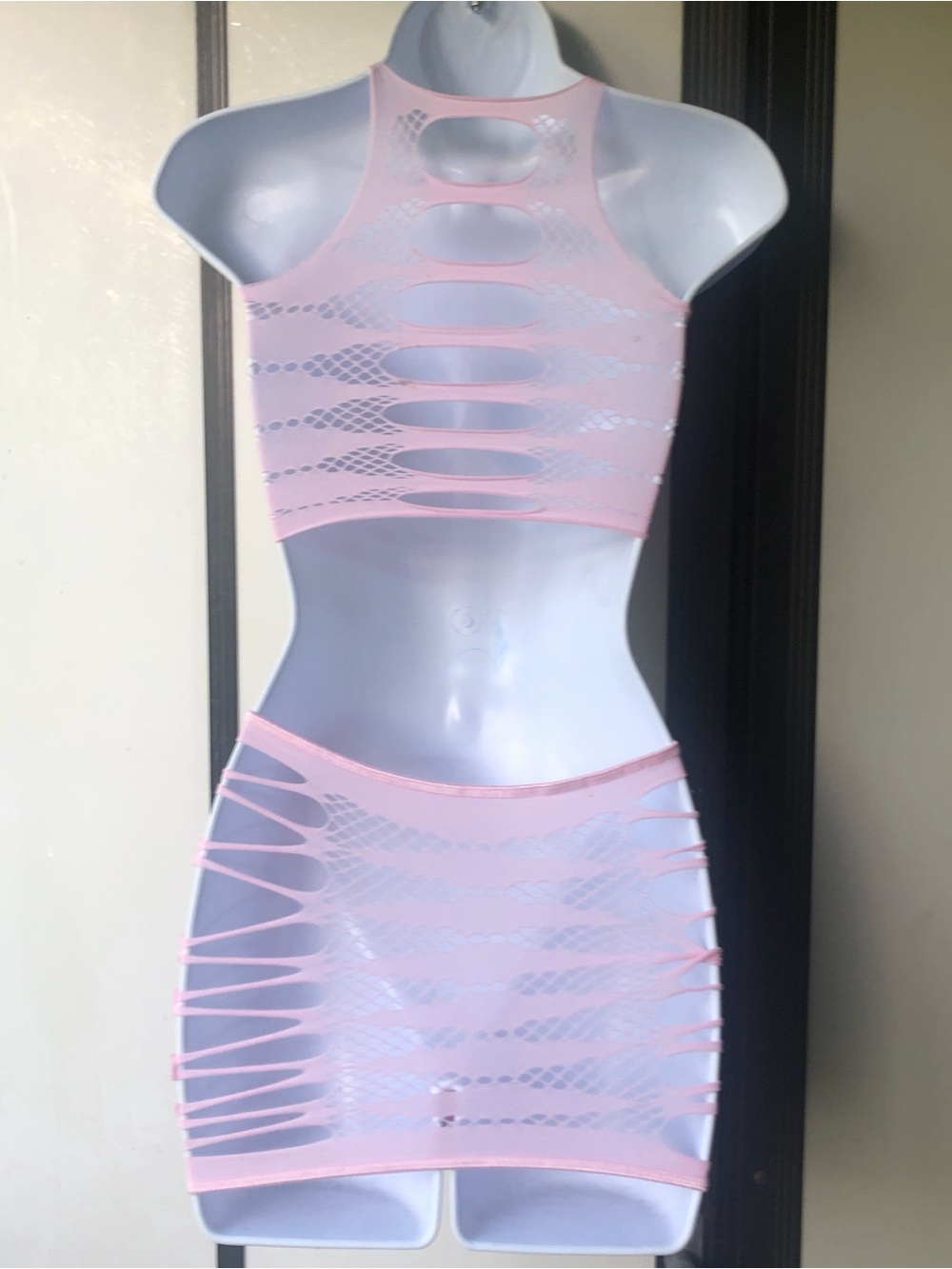 Pink Cutout Mesh Two-Piece Set - Picture 2 of 6